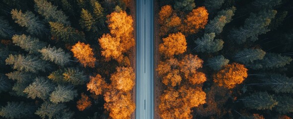 A bird's eye view of a forest and road highlights the beauty of Latvian autumn nature