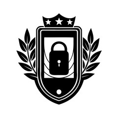 Secure Mobile Device Protection Emblem with Digital Security Lock and Laurel Wreath