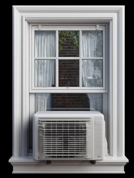 window ac unit installed in white trim window  air conditioner window unit cooling system ac installation