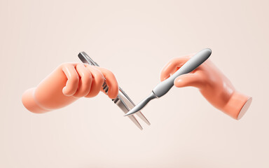 A cartoon hand is holding a scalpel and other hand is holding a tweezer. Medical instruments and surgical tools, 3d rendering.