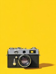 Fototapeta premium retro camera on yellow background with ample copy space