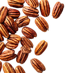 Obraz premium top view of many real pecan nuts scattered on white background 