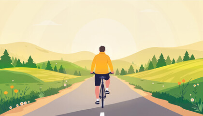 Obraz premium Person cycling peacefully in vibrant countryside, digital detox