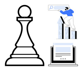 Black chess pawn symbolizing strategy, person climbing bar chart, search bar suggestive of planning, and laptop for technology. Ideal for business growth, leadership, innovation, goal-setting