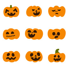 A collection of adorable Halloween-themed illustrations featuring ghosts, pumpkins, black cats, and spooky icons, all set against fun orange and purple backgrounds, perfect for kids' party designs.