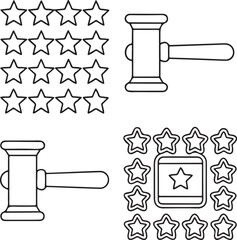 Isolated black USA gavel icon, minimal vector of congressional mallet with abstract stars, symbolizing justice, law, voting, courtroom, American politics and legal authority in a clean graphic style