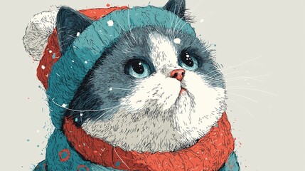Cute cat wearing a colorful winter hat and scarf in a snowy setting