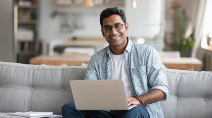 technology remote job and lifestyle concept  happy indian man in glasses with laptop computer working at home office no logos no brands ar 169