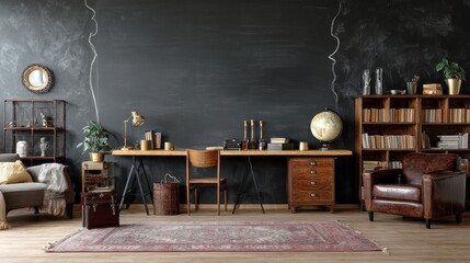 creative living room with chalkboard wall wooden desk and vintage furniture no logos no brands ar 169