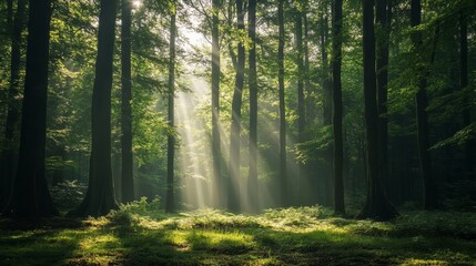 Fototapeta premium In Osnabruck, Germany, there exists a vibrant, green forest covered in fog and pierced by rays of sunshine