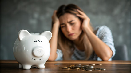 Financial Woes: A dejected person sits near an empty piggy bank with scattered coins, symbolizing financial strain and uncertainty in the economic downturn.