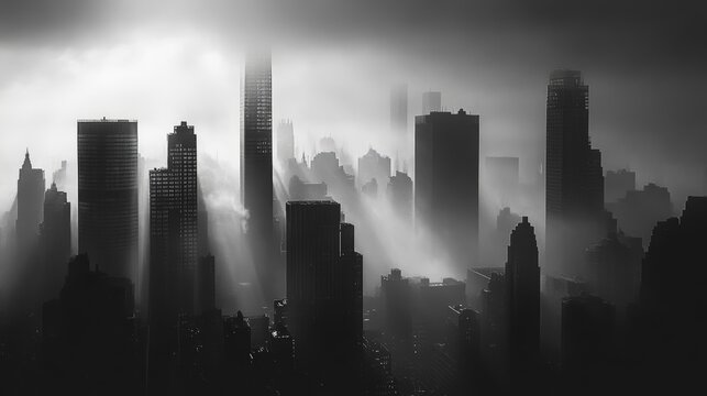 Fototapeta A vintage black and white cityscape with mist 