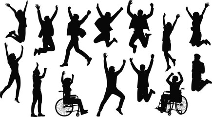 Group of diverse people jumping with joy, inclusive silhouettes including wheelchair users, celebratory poses, vector artwork, white background concept