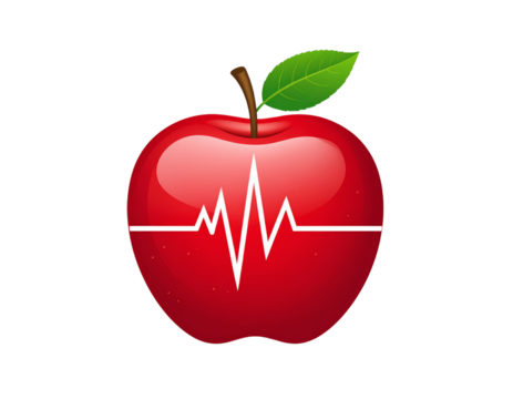 Red apple with a heartbeat line, symbolizing health or wellness, isolated on a white