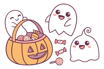 Halloween, Charming halloween scene featuring cute ghosts bats pumpkins and a witch