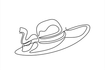 Continuous one lline drawing of elegant beach hat for women. Hand drawn one line vector. Editable stroke	