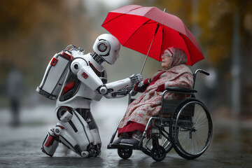 Cyborg robot and woman with umbrella