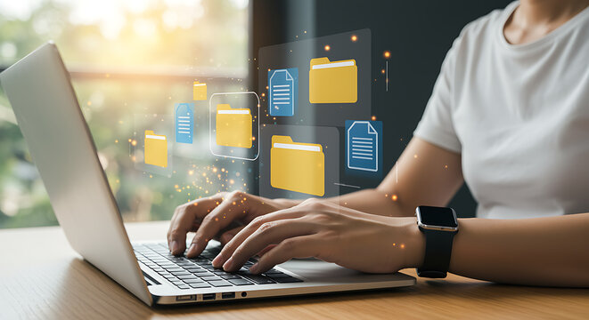 Typing on a laptop with file folder icons floating above, representing digital document management, data storage, and efficient information organization in the cloud
