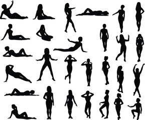 Set of 30 human silhouettes, various poses, standing, sitting, lying, dynamic movement, black white figure design, gesture illustration