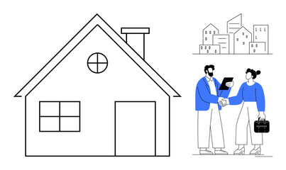 Large house outline with chimney and windows, smaller urban buildings. Two people shaking hands in professional attire. Ideal for real estate, housing market, partnerships, investments, agreements