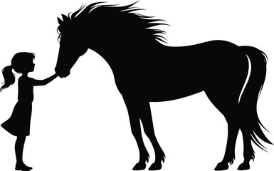Silhouette of a girl gently touching a horse’s muzzle, emotional bond and equestrian theme, vector illustration on white background