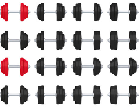 et of adjustable dumbbells with red and black weights  