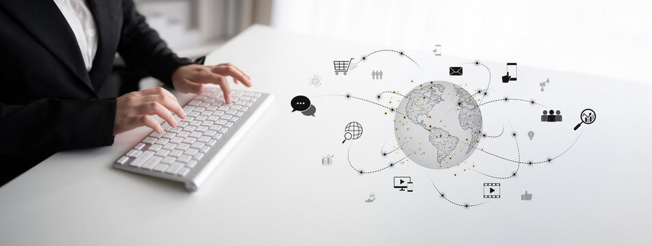 Visualization of global digital communication and online across multiple platforms, including global network, digital network, communication network, and online network. Latch