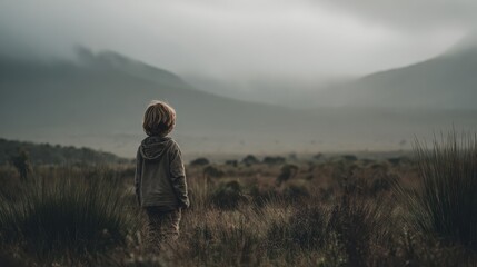 kid standing in nature with large copy space no logos no brands ar 169