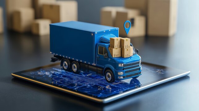 Delivery truck model on digital tablet screen showing location pin,  representing online package tracking and logistics. - Powered by Adobe