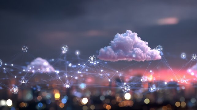 cloud technology concept with internet network icons connected by lines on digital screen at abstract city background double exposure no logos no brands ar 169