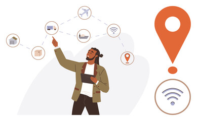 Man points at icons including airplane, ship, truck, and warehouse connected by dotted lines. Large location marker and wireless signal suggest logistics, global connectivity, technology. Ideal