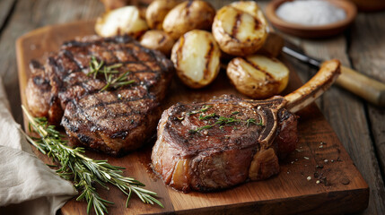 Fototapeta premium Grilled ribeye steaks with fresh rosemary and roasted potatoes served on a rustic wooden board.