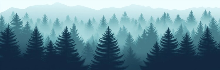 Obraz premium The background is a forest, characterized by its natural landscape, which includes a variety of trees like pine, spruce, and Christmas trees, enveloped in fog, and distinguished by evergreen