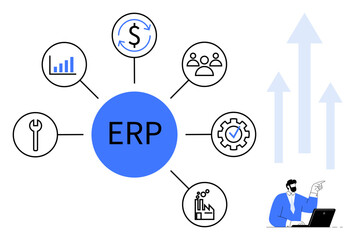 Central ERP hub linked to analytics, finance, HR, manufacturing, tools, and quality icons. Businessman strategizing with arrows rising. Ideal for management, strategy collaboration workflow