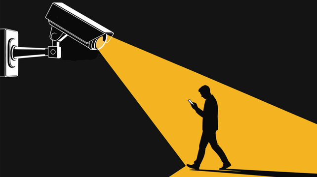 Surveillance camera highlights man on phone, raising privacy alert concerns in urban cityscape