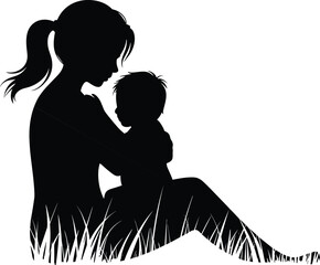 Silhouette of person holding child while seated on grass, parenting bond, emotional connection theme, vector illustration, white background design