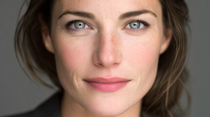 Fototapeta premium A captivating close-up portrait of a woman with mesmerizing blue eyes. She has a warm expression on her face.