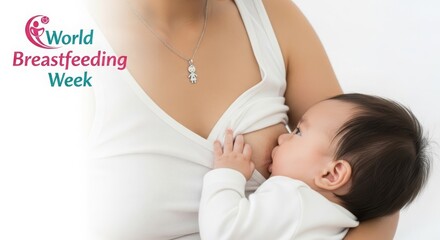 World Breastfeeding Week Awareness Illustration: Close-Up of Infant Nursing from Adult Wearing White Shirt and Pendant Necklace, Highlighting Care, Bonding, and Health Advocacy Themes