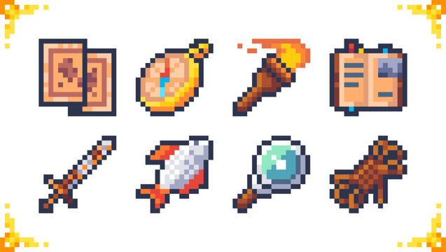 Adventure set of pixel art icons. Set of items for 2D game including: map, compass, torch, diary, sword, fish, magnifying glass, rope. Ideal for RPG and adventure games. 16x16 pixels