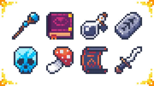 Set of pixel art icons of magic items. Ideal for RPG and adventure games. 16x16 pixels