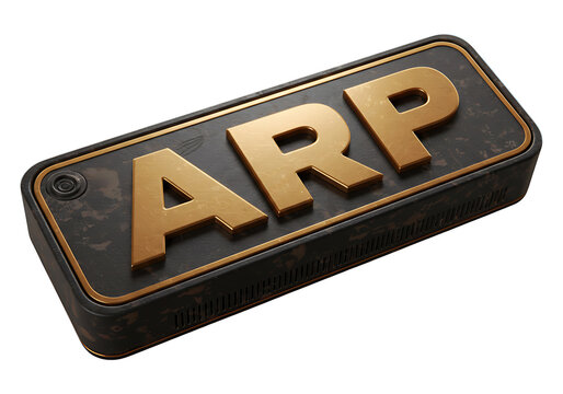 Golden arp letters on a dark rectangular plaque isolated on white background