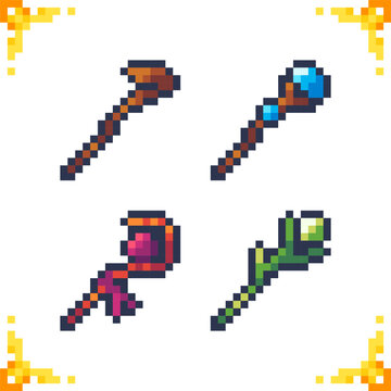 Set of pixel icons of magic staffs. Ideal for RPG and adventure games. 16x16 pixels