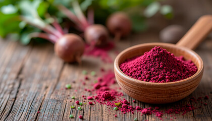 A neat pile of rich purple powder is laid out on the countertop. The fine crystalline texture of the beetroot powder is visible, Fine particles of powder
