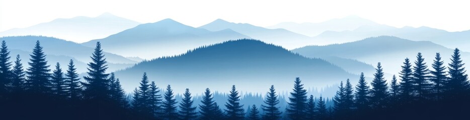 Obraz premium The scene of trees and pines at dawn in a coniferous forest represents a fusion of nature, tourism, and travel, all set against a forest landscape background with modern silhouettes