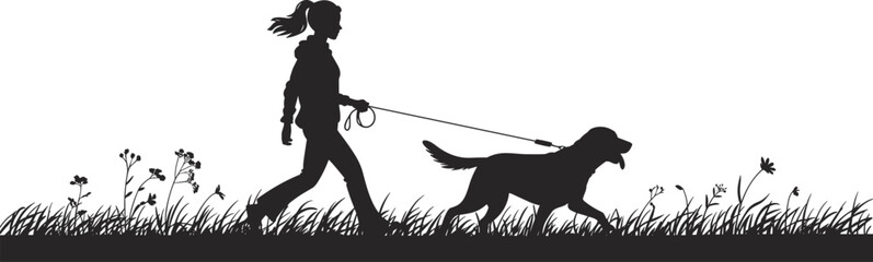 Silhouette of person walking dog on leash, grassy field, flowers, black white nature scene, pet activity, outdoor bonding moment