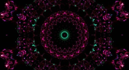Dynamic Abstract Mandala: Glowing Purple & Green Fractal Pattern on Dark Background Futuristic Energy Art