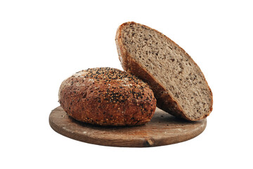Country Bread Multigrain Sesame Seed Bread Loaf with Sliced Half on Wooden Board, Isolated on White Background side view of italian Baked Food