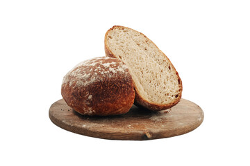Country Bread Round Loaf of Rustic White Bread with Sliced Half on a Wooden Board, Isolated on White Background side view of italian Baked Food