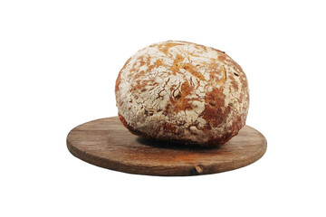 Country Bread with Yellow Dough and Sunflower Seeds on wooden board isolated on White Background side view of italian baked