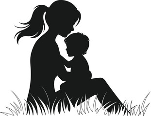 Silhouette of seated person holding child on lap in grassy area, peaceful family bonding moment, black vector on white background